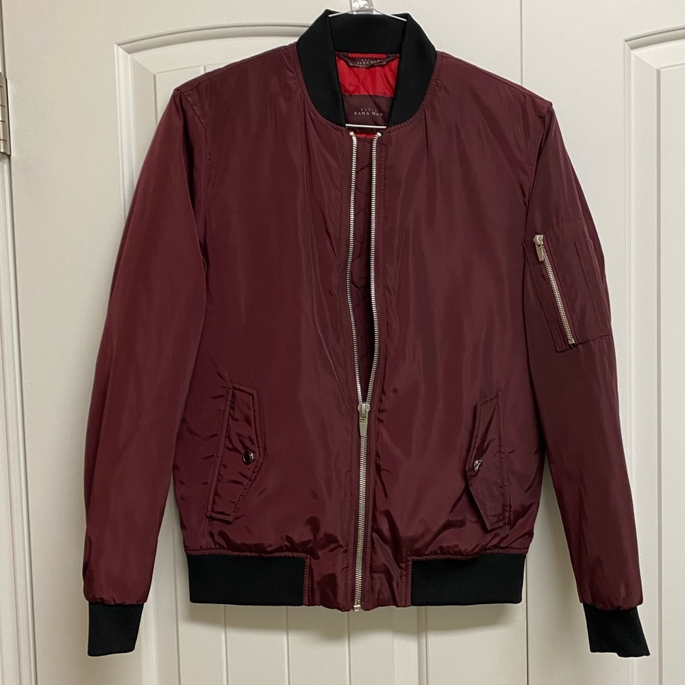 Zara Man Burgundy Nylon Bomber Jacket M